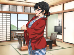 Rule 34 | 1girl, black-framed eyewear, black eyes, black hair, blush, breasts, chair, clownculture, crossed arms, day, glasses, highres, indoors, japanese clothes, kimono, large breasts, looking at viewer, low ponytail, matching hair/eyes, open mouth, original, ponytail, smile, solo, standing, table, television, wide sleeves, window