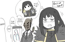 Rule 34 | 1boy, 2girls, 2others, anger vein, armor, baral (project moon), binah (project moon), black coat, black eyes, black hair, black necktie, black suit, coat, collared shirt, double v, earrings, english text, formal, fur collar, hard-translated, jewelry, kankan33333, library of ruina, luda (project moon), mask, mole, multicolored hair, multiple girls, multiple others, necktie, project moon, shirt, short bangs, star (symbol), streaked hair, suit, teardrop, third-party edit, third-party source, v, zena (project moon)