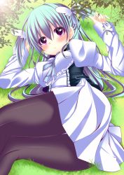 Rule 34 | 1girl, bad id, bad pixiv id, black pantyhose, blush, dress, grass, green hair, haruta (806060), long hair, long sleeves, looking at viewer, looking back, lying, on side, original, outdoors, pantyhose, plant, puffy long sleeves, puffy sleeves, purple eyes, thighs, two side up, white dress