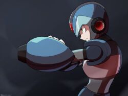 Rule 34 | 1boy, android, arm cannon, commentary request, green eyes, helmet, male focus, mega man (series), mega man x (series), porinasnas, simple background, solo, upper body, weapon, x (mega man)