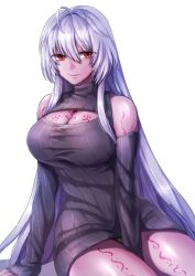 Rule 34 | 1girl, antenna hair, bad id, bad pixiv id, breasts, character request, cleavage, cleavage cutout, clothing cutout, cowboy shot, dark-skinned female, dark skin, detached sleeves, dress, hair between eyes, hi-na1, large breasts, long hair, looking at viewer, purple hair, red eyes, ribbed dress, sennen sensou aigis, shiny skin, simple background, sitting, smile, solo, tattoo, thighs, very long hair, white background, wide hips