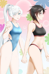 Rule 34 | 2girls, ;p, banned artist, bare shoulders, bikini, black bikini, black hair, blue eyes, blue one-piece swimsuit, breasts, commentary, covered navel, english commentary, highleg, highleg swimsuit, highres, holding hands, kimmy77, large breasts, legs, long hair, looking at viewer, looking to the side, multicolored background, multiple girls, navel, one-piece swimsuit, one eye closed, parted lips, red hair, ruby rose, rwby, scar, scar across eye, scar on face, short hair, side ponytail, small breasts, stomach, swept bangs, swimsuit, thighs, tongue, tongue out, v, very long hair, walking, weiss schnee, white hair, wink, yuri