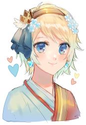 Rule 34 | 1girl, blonde hair, blue eyes, blue flower, blush, closed mouth, commentary, earrings, english commentary, fire emblem, fire emblem heroes, fjorm (fire emblem), flower, hair between eyes, hair flower, hair ornament, hair ribbon, hairband, heart, japanese clothes, jewelry, kash-phia, kimono, looking at viewer, nintendo, ribbon, short hair, simple background, smile, solo, white background, winged hair ornament, yukata