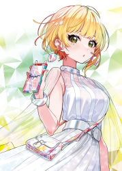 Rule 34 | 1girl, :o, absurdres, bag, belt, blonde hair, cellphone, cleavage, earrings, french text, green eyes, heart, heart tattoo, highres, holding, holding phone, idolmaster, idolmaster cinderella girls, jewelry, looking at viewer, miyamoto frederica, phone, see-through, see-through cleavage, shirt, short hair, skirt, solo, tattoo, white belt, white shirt, white skirt, yuu (higashi no penguin)