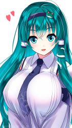 Rule 34 | 1girl, aqua hair, blue eyes, blue hairband, blue necktie, blush, commentary request, dated, detached sleeves, frog hair ornament, hair ornament, hair tubes, hairband, heart, kochiya sanae, long hair, looking at viewer, necktie, open mouth, simple background, smile, snake hair ornament, solo, star (symbol), touhou, white background, yamaguchi yuu
