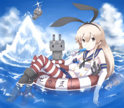 Rule 34 | &gt; &lt;, 10s, 1girl, :3, afloat, anchor hair ornament, blonde hair, brown eyes, closed eyes, day, eating, elbow gloves, floating, food, gloves, hair ornament, hair ribbon, highres, innertube, kantai collection, long hair, machinery, midriff, mku, navel, popsicle, rensouhou-chan, ribbon, shimakaze (kancolle), solo, striped clothes, striped thighhighs, swim ring, thighhighs, triangle mouth, turret