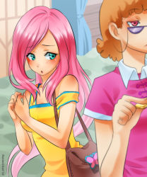 Rule 34 | 1girl, aqua eyes, bag, bare shoulders, blush, breasts, brown hair, coin, collarbone, fluttershy, glasses, halterneck, handbag, long hair, lucy packard, messy hair, my little pony, my little pony: friendship is magic, open mouth, parody, personification, pink hair, racoon-kun, red eyes, shy, small breasts, solo focus, very long hair