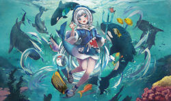 Rule 34 | 1girl, animal hood, bare legs, blue eyes, blue hair, blue hoodie, blue nails, blue socks, blush, bubble, cherre, claw pose, commentary, dolphin, english commentary, fangs, fish, flat chest, full body, gawr gura, gawr gura (1st costume), highres, hololive, hololive english, hood, hoodie, looking at viewer, medium hair, multicolored hair, nail polish, open mouth, orca, polearm, shark, shark hood, sharp teeth, shoes, silver hair, smile, socks, solo, streaked hair, teeth, thighs, trident, two-tone hair, underwater, virtual youtuber, weapon, white footwear