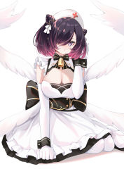 Rule 34 | 1girl, absurdres, alternate costume, azur lane, blush, bob cut, breasts, catnnn, cleavage, detached sleeves, enmaided, feathers, gloves, hair ornament, hair over one eye, hat, highres, jervis (azur lane), large breasts, looking at viewer, maid, medium breasts, nurse cap, on ground, purple eyes, purple hair, ribbon, seiza, simple background, sitting, staff, weapon, white background, wings