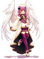 Rule 34 | 1girl, angel wings, boots, ciel (spectral souls), coat, full body, hair rings, hirano katsuyuki, official art, pink hair, purple skirt, purple thighhighs, red eyes, short hair, skirt, smile, solo, spectral (series), spectral souls, thigh boots, thighhighs, twintails, white background, wings