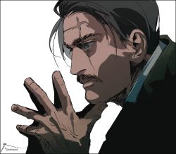 Rule 34 | 1boy, black hair, blue eyes, close-up, collared shirt, facial hair, fingers together, from side, golden kamuy, highres, looking to the side, male focus, mustache, scar, scar across eye, scar on face, shirt, short hair, simple background, solo, upper body, white shirt, wilk (golden kamuy), zifletts