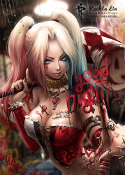 Rule 34 | 1girl, blue eyes, breasts, choker, cleavage, dc comics, harley quinn, lipstick, makeup, rachta lin, twintails