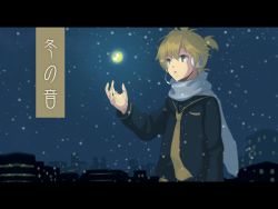 Rule 34 | 1boy, blonde hair, blue eyes, headphones, headset, kagamine len, letterboxed, male focus, musical note, outdoors, scarf, short hair, sky, snow, solo, tom (pixiv17343), tomsan, vocaloid