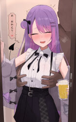 Rule 34 | 1girl, absurdres, akemepol, alcohol, beer, belt, black belt, black bow, black bowtie, black skirt, blush, bow, bowtie, breasts, breath, cardigan, closed eyes, colored inner hair, cross, cross earrings, cup, demon tail, doorway, drunk, ear piercing, earrings, faceless, faceless male, fang, frilled shirt, frilled sleeves, frills, grabbing, grabbing another&#039;s breast, grabbing from behind, gradient hair, grey cardigan, hair ornament, hairclip, heart, hetero, highres, holding, holding cup, hololive, jewelry, jirai kei, long hair, medium breasts, miniskirt, multicolored hair, netorare, nose blush, off shoulder, official alternate costume, open cardigan, open clothes, open door, open mouth, piercing, pink hair, pleated skirt, pom pom (clothes), pov doorway, purple hair, shirt, skin fang, skirt, solo focus, spoken heart, standing, suspender skirt, suspenders, sweat, tail, tokoyami towa, tokoyami towa (jirai kei), trembling, virtual youtuber, wavy mouth, white shirt