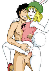 Rule 34 | 1boy, 1girl, animal ears, anus, ass, ass grab, black hair, blonde hair, bottomless, carrot (one piece), closed eyes, furry, furry female, furry with non-furry, hat, hetero, highres, interspecies, kurita, leg up, monkey d. luffy, one piece, open mouth, penis, pussy, rabbit ears, rabbit girl, rabbit tail, sex, standing, standing sex, tail, tank top, uncensored, vaginal