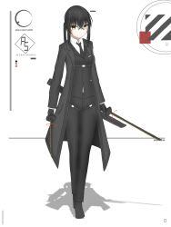 Rule 34 | 1girl, absurdres, black gloves, black hair, black jacket, black necktie, crossdressing, english text, expressionless, formal, gloves, highres, holding, holding sword, holding weapon, jacket, katana, necktie, original, ponytail, reverse trap, shadow, solo, standing, suit, sword, tachi-e, tomboy, weapon, yellow eyes