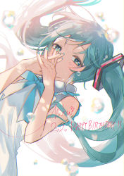 Rule 34 | 1girl, absurdres, aqua eyes, aqua hair, aqua nails, blue neckwear, blue ribbon, blush, character name, commentary request, dated, half-closed eyes, happy birthday, hatsune miku, highres, huge filesize, interlocked fingers, long hair, looking at viewer, nail polish, omutatsu, own hands together, ribbon, simple background, sleeveless, solo, twintails, vocaloid, water drop, white background