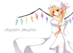 Rule 34 | 1girl, alternate costume, arms behind back, asymmetrical hair, asymmetrical wings, bad id, bad pixiv id, blonde hair, breasts, character name, cleavage, dress, elbow gloves, flandre scarlet, gloves, hair ribbon, hasu (velicia), hat, lipstick, long dress, looking at viewer, makeup, mob cap, parted lips, red eyes, ribbon, side ponytail, slit pupils, solo, thighhighs, touhou, white dress, white thighhighs, wings