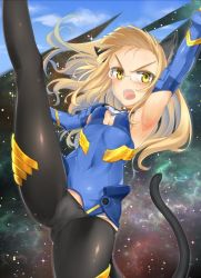 Rule 34 | 1girl, animal ears, aohashi ame, arm up, armpits, black pantyhose, black sky, blonde hair, blue bodysuit, blue gloves, blue sky, bodysuit, breasts, cat ears, cat tail, cloud, cloudy sky, covered navel, day, elbow gloves, frown, glasses, gloves, grey panties, leg up, legs, long hair, looking at viewer, open mouth, panties, panties under pantyhose, pantyhose, perrine h. clostermann, rimless eyewear, sky, small breasts, solo, star (sky), starry sky, strike witches, tail, underwear, v-shaped eyebrows, world witches series, yellow eyes