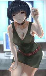 Rule 34 | 1girl, absurdres, armpits, belt, black eyes, black hair, breasts, choker, cleavage, collar, dress, hand on own thigh, highres, jewelry, kurosususu, leaning forward, looking at viewer, necklace, persona, persona 5, short hair, solo, studded choker, studded collar, takemi tae