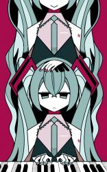 Rule 34 | 2girls, aqua eyes, aqua hair, aqua necktie, bare shoulders, check commentary, closed mouth, colored skin, commentary, commentary request, detached sleeves, dual persona, hair between eyes, hair ornament, halftone, hand on another&#039;s head, hatsune miku, highres, instrument, long hair, looking at viewer, machigami yoh, multiple girls, music, nail polish, necktie, piano, playing instrument, playing piano, red background, red nails, shirt, sleeveless, sleeveless shirt, standing, straight-on, twintails, very long hair, vocaloid, white skin
