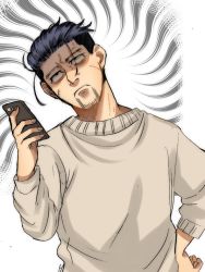 Rule 34 | 1boy, alternate costume, angry, black eyes, black hair, casual, facial hair, facial scar, goatee, golden kamuy, hair slicked back, hair strand, hand on own hip, holding, holding phone, male focus, ogata hyakunosuke, phone, ri (ri kaos21), rolling eyes, scar, scar on cheek, scar on face, short hair, solo, stitches, stubble, sweater, turn pale, undercut, upper body