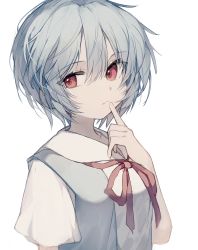 Rule 34 | 1girl, ayanami rei, blouse, blue hair, blue skirt, closed mouth, collared shirt, commentary request, deep (deep4946), finger to mouth, hand up, highres, looking at viewer, neck ribbon, neon genesis evangelion, partial commentary, red eyes, red ribbon, ribbon, school uniform, shirt, short hair, short sleeves, simple background, skirt, smile, solo, suspender skirt, suspenders, tokyo-3 middle school uniform, upper body, white background, white shirt