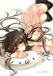 Rule 34 | 1girl, :3, absurdres, ayase hazuki, black thighhighs, blush, breasts, brown eyes, brown hair, chalice, cleavage, cup, food, from above, highres, ice cream, legs, long hair, looking at viewer, lying, on side, pillow, simple background, sweater, tareme, thighhighs, very long hair, white background, zettai ryouiki