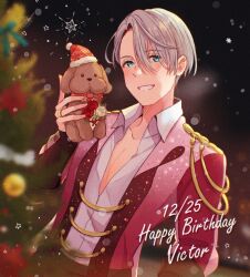 Rule 34 | 1boy, birthday, blue eyes, blurry, blurry foreground, character doll, christmas, christmas tree, collared shirt, epaulettes, flower, grin, happy birthday, hat, highres, jewelry, makkachin, male focus, open clothes, open shirt, red flower, red rose, ring, rose, santa hat, shirt, smile, snowing, star (symbol), twc (p-towaco), viktor nikiforov, white flower, white hair, white rose, yuri!!! on ice