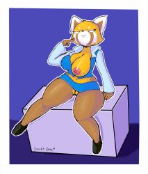 Rule 34 | 10s, 1girl, absurdres, aggressive retsuko, animal ears, black footwear, blank eyes, blue skirt, boiful, border, breasts, cleft of venus, english text, female focus, full body, furry, furry female, glowing, glowing eyes, hand on own face, hand up, highres, large breasts, long sleeves, microskirt, midriff, navel, nipples, no panties, one breast out, outline, panda ears, pencil skirt, purple background, pussy, retsuko, shiny skin, shirt, shoes, simple background, sitting, skindentation, skirt, smile, solo, thick thighs, thighs, uncensored, upskirt, white border, white eyes, white outline, white shirt