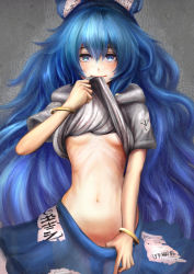 Rule 34 | 1girl, bangle, blue bow, blue eyes, blue hair, blue skirt, blush, bow, bracelet, breasts, closed mouth, clothes lift, clothes pull, commentary request, cowboy shot, debt, grey background, grey hoodie, hair bow, hood, hoodie, jewelry, khn (kihana), lifting own clothes, long hair, looking at viewer, mouth hold, navel, pulling own clothes, ribs, shirt lift, short sleeves, skirt, skirt pull, small breasts, smile, solo, stomach, touhou, very long hair, yorigami shion