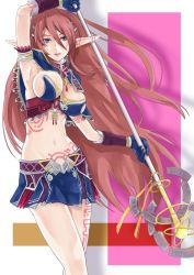 Rule 34 | 1girl, breasts, commentary request, earrings, gloves, green eyes, jewelry, large breasts, long hair, looking at viewer, midriff, myuria tionysus, navel, open mouth, pink hair, pointy ears, solo, staff, star ocean, star ocean anamnesis, star ocean the last hope, tattoo, very long hair, weapon