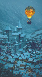 Rule 34 | 2boys, absurdres, aircraft, bird, building, castle, hat, highres, hot air balloon, house, kosian, mountain, multiple boys, night, original, outdoors, scenery, snow, snowing, top hat, town, winter