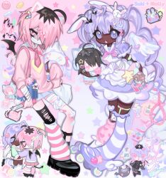 2girls ahoge androgynous bad_id bad_tumblr_id chibi chibi_inset commentary dark-skinned_female dark_skin english_commentary full_body highres inactive_account long_hair looking_at_viewer magical_girl mokiette multiple_girls one_side_up original otaku pastel_colors pink_hair purple_hair roller_skates shoes short_hair skates standing tamagotchi tamagotchi_(virtual_pet) very_dark_skin yami_kawaii yume_kawaii