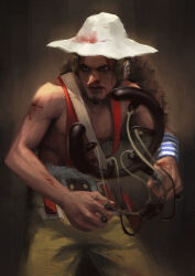Rule 34 | 1boy, adpong, black eyes, black hair, blood, blood on face, closed mouth, commentary, curly hair, earmuffs, facial hair, goatee, hair ornament, hat, holding, long hair, long nose, male focus, one piece, overalls, realistic, slingshot (weapon), solo, usopp, weapon, white hat