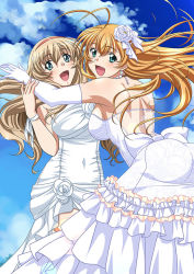 Rule 34 | 2girls, :d, antenna hair, back bow, blonde hair, blue eyes, blue sky, bow, breasts, cloud, covered navel, day, dress, earrings, elbow gloves, fang, floating hair, flower, gloves, hair between eyes, hair flower, hair ornament, hairband, ikkitousen, jewelry, large breasts, lens flare, long dress, long hair, magatama, magatama earrings, multiple girls, open mouth, red hairband, ribbon, shoulder blades, siblings, sideboob, sisters, sky, smile, sonken chuubou, sonsaku hakufu, strapless, strapless dress, very long hair, wedding dress, white bow, white dress, white flower, white gloves, white ribbon, wrist ribbon