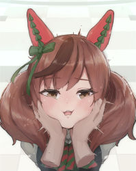 Rule 34 | 1girl, 1other, animal ears, arms behind back, black dress, blush, bow, brown eyes, brown hair, cheek squash, collar, collared shirt, dress, dress shirt, ear covers, green bow, green ribbon, hair ribbon, hands on another&#039;s cheeks, hands on another&#039;s face, highres, horse ears, horse girl, nice nature (umamusume), nose blush, open mouth, pinafore dress, pov, pov hands, puffy sleeves, red bow, ribbon, shirt, short hair, simple background, sleeveless dress, striped, striped bow, teeth, tile floor, tiles, twintails, umamusume, user cxcg7874, white background, white shirt
