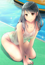 Rule 34 | smile, arm support, ass, bare arms, bare legs, black hair, breasts, closed mouth, collarbone, covered erect nipples, dermar, full body, hair ornament, hairclip, highres, leaning forward, light blush, long hair, one-piece swimsuit, original, pool, school swimsuit, sitting, small breasts, smile, swept bangs, swimsuit, water, wet, white one-piece swimsuit, white school swimsuit, yellow eyes