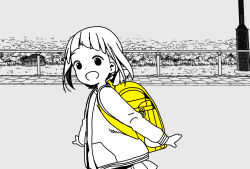 Rule 34 | 1girl, :d, arms at sides, backpack, bag, blunt bangs, commentary request, dot nose, grass, grey background, greyscale, happy, jacket, katsuwo (cr66g), kise saki, long sleeves, looking to the side, mitsuboshi colors, monochrome, open mouth, outdoors, plant, pleated skirt, randoseru, road, shirt, short hair, skirt, smile, solo, split mouth, spot color, street, upper body