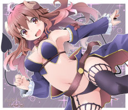 Rule 34 | 1girl, ahoge, artist name, black thighhighs, breasts, clenched hand, commentary request, curled horns, dated, demon girl, demon horns, demon tail, detached sleeves, fang, highres, horns, long hair, looking at viewer, machikado mazoku, medium breasts, navel, naz (garyuuya), open mouth, outstretched arm, red eyes, red hair, skin fang, smile, solo, tail, thighhighs, yoshida yuuko (machikado mazoku)