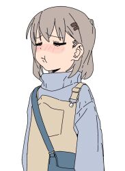 Rule 34 | 1girl, bag, blue sweater, blush, brown overalls, cheek bulge, closed eyes, closed mouth, commentary request, doublep0ints, furrowed brow, hair behind ear, hair ornament, hairclip, highres, imminent vomiting, light brown hair, long sleeves, nose blush, overalls, short hair, shoulder bag, simple background, solo, sweater, turtleneck, turtleneck sweater, upper body, white background, yama no susume, yukimura aoi