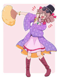 Rule 34 | 1girl, bangle, black hat, blush, boots, bracelet, brown footwear, brown hair, closed eyes, coat, dress, drill hair, eyewear on head, folding fan, full body, hand fan, hat, high collar, highres, holding, holding fan, jewelry, knee boots, long hair, long sleeves, necklace, open clothes, open coat, open mouth, pink dress, purple coat, ring, round eyewear, shio (futatsumami), smile, solo, sunglasses, top hat, touhou, twin drills, twintails, wide sleeves, yorigami jo&#039;on