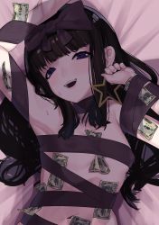 Rule 34 | 1girl, absurdres, arm up, armpits, between breasts, black hair, blunt bangs, bound, bound arms, bow, breasts, commentary request, cookie (touhou), dark sauce, earrings, hair bow, highres, hot limit, jewelry, long hair, looking at viewer, money, navel, open mouth, purple bow, purple eyes, shunga youkyu, small breasts, solo, star (symbol), star earrings, star sapphire, teeth, tied up, touhou, upper body, upper teeth only
