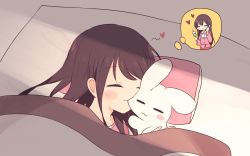 Rule 34 | 1girl, :i, :t, = =, animal, animal ears, bed, black hair, blanket, blush, blush stickers, bow, bowtie, chewing, closed eyes, closed mouth, collared shirt, commentary request, cowboy shot, crossed bangs, dango, dreaming, eating, food, frills, futon, grabbing, hair between eyes, heart, hime cut, holding, holding food, houraisan kaguya, hug, imagining, inaba mob (touhou), indoors, japanese clothes, long hair, long skirt, long sleeves, lying, morning, nakukoroni, nibbling, on side, pillow, pink shirt, rabbit, rabbit ears, red skirt, sanshoku dango, shade, shirt, simple background, skewer, skirt, sleeping, smile, sunlight, thought bubble, touhou, very long hair, wagashi, white background, white bow, white bowtie, wide sleeves