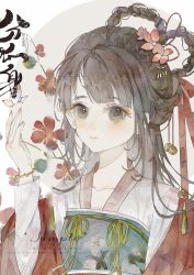 Rule 34 | 1girl, absurdres, black hair, bracelet, braid, braided hair rings, bug, butterfly, chinese clothes, chinese text, closed mouth, commission, fenshenshu jianfeiban, flower, hair flower, hair ornament, hair ribbon, hair rings, hand up, hanfu, highres, insect, jewelry, long hair, long sleeves, looking at viewer, original, painting (medium), portrait, qixiong ruqun, red flower, ribbon, ruqun, solo, tassel, traditional media, upper body, watercolor (medium), white background