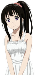 Rule 34 | 10s, 1girl, black hair, breasts, chitanda eru, collarbone, cp9a, dress, eyelashes, hyouka, long hair, looking at viewer, ponytail, purple eyes, simple background, smile, solo, sundress, white background, white dress
