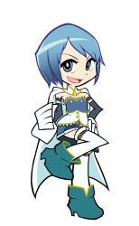 Rule 34 | 1girl, ankle boots, blue eyes, blue hair, boots, cape, clenched hand, crossover, detached sleeves, gloves, hand on own hip, highres, magical girl, mahou shoujo madoka magica, matching hair/eyes, miki sayaka, panty &amp; stocking with garterbelt, parody, short hair, skirt, solo, style parody, thighhighs, triple-q, white gloves, white thighhighs