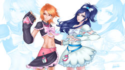 Rule 34 | 00s, 2girls, arm warmers, bike shorts, black gloves, blue eyes, blue hair, coyuki cable, cure black, cure white, detached sleeves, dress, earrings, eyelashes, fighting stance, fingerless gloves, futari wa precure, gloves, hair ornament, hair ribbon, half updo, happy, heart, highres, holding hands, jewelry, long hair, looking at viewer, magical girl, midriff, misumi nagisa, multiple girls, navel, open mouth, orange hair, precure, red eyes, ribbon, shirt, short hair, shorts, shorts under skirt, simple background, skirt, smile, white background, white dress, yukishiro honoka