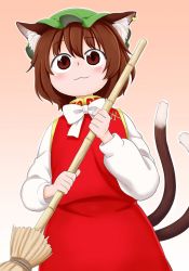 Rule 34 | 1girl, :3, animal ears, blush, bow, bowtie, broom, brown eyes, brown hair, cat ears, cat tail, chen, closed mouth, commentary request, dress, earrings, green hat, hat, holding, holding broom, jewelry, long sleeves, looking at viewer, mob cap, multiple tails, nekomata, pink background, poronegi, red dress, shirt, short hair, smile, solo, standing, tail, touhou, two tails, white bow, white bowtie, white shirt