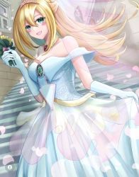 Rule 34 | 1girl, bare shoulders, blonde hair, blush, blush stickers, breasts, bride, choker, cleavage, dark magician girl, dress, duel monster, flower, green eyes, hair between eyes, hat, large breasts, long hair, open mouth, pentacle, petals, smile, solo, wedding, wedding dress, yu-gi-oh!